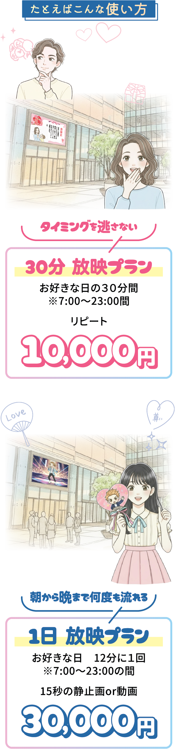 サプライズをするなら30分放映プランがぴったり！誕生日・記念日・入学祝い・退職祝いなど、さまざまなシーンでご利用いただけます。30分ずっと流れているから、タイミングをのがしません！  30分放映プラン｜お好きな日の30分間 7:00～23:00の間リピート 料金10,000円  浜松駅前で応援広告を出すなら1日放映プランがぴったり！推しの誕生日や記念日を大型スクリーンでお祝いしましょう。12分に１回、1日中流れるから、街の人々にも推しの魅力が伝わります！  1日放映プラン｜お好きな日 12分に１回 7:00～23:00の間 料金
30,000円